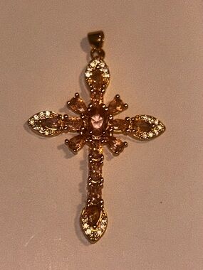 Gold Cross Pendant Necklace with Light Pink Crystals